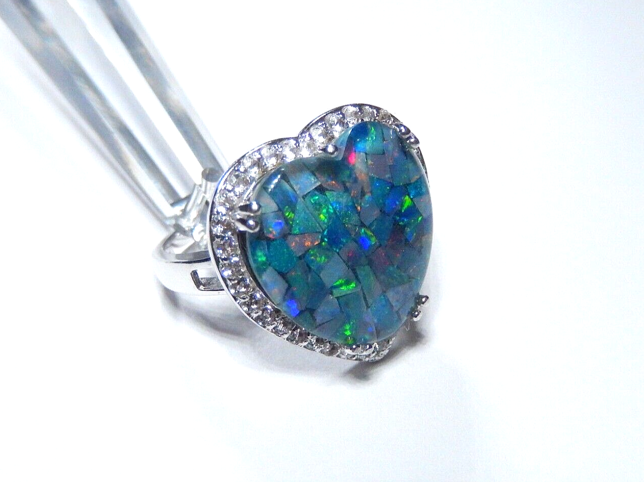 LARGE Blue  Opal Inlay and cz  Heart Ring Sterling Silver 925, size 8