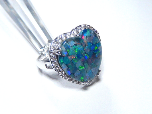 LARGE Blue  Opal Inlay and cz  Heart Ring Sterling Silver 925, size 8