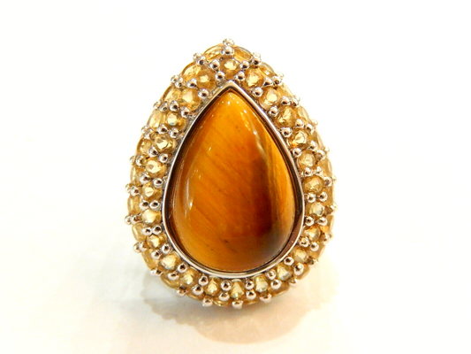 Tiger's Eye & Citrine Sterling Silver STATEMENT Gemstone Ring Size 6.5