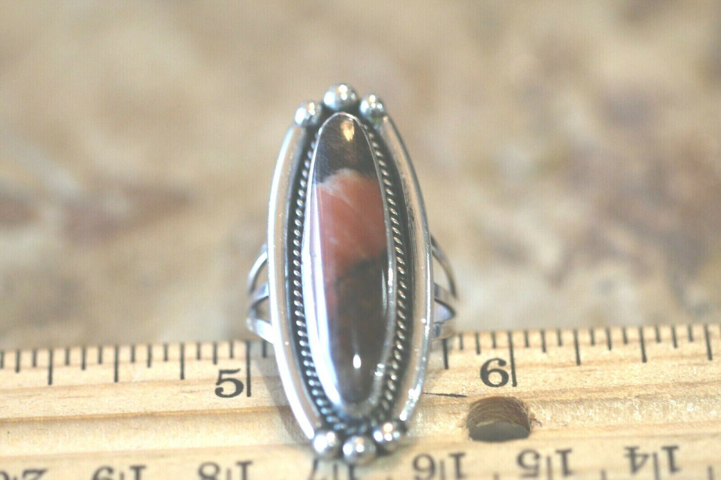 *VINTAGE*  Long Native American Sterling Silver Gemstone Ring  Size 7.25