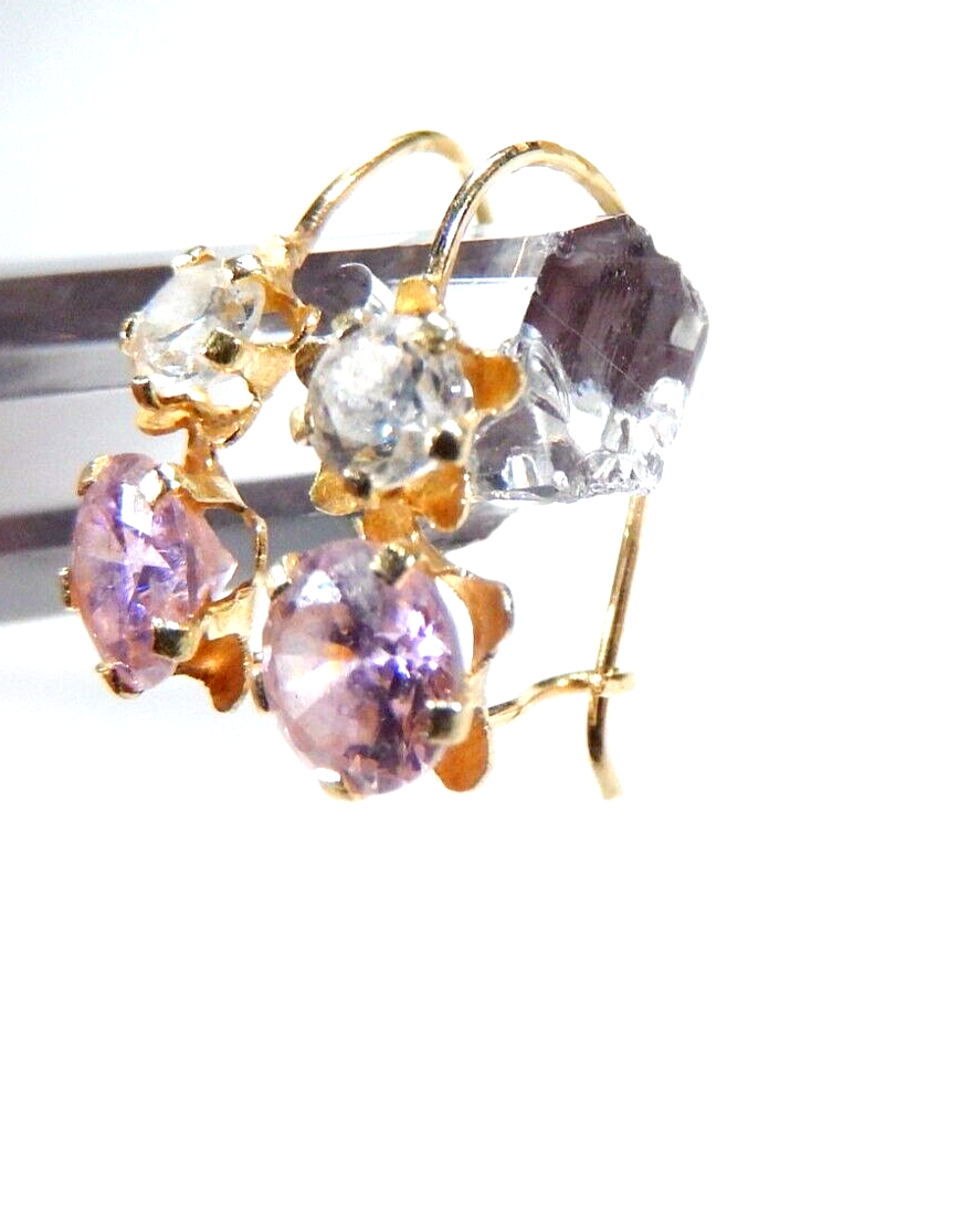 14K Yellow Gold Created Pink & White Sapphire Stone Hook Earrings