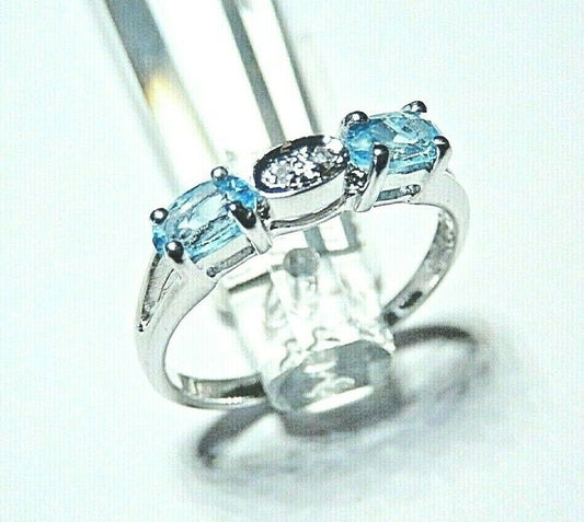 *NWT* 10k White Gold Oval Blue Topaz And Diamond 4mm Wide Ring Size 6.5