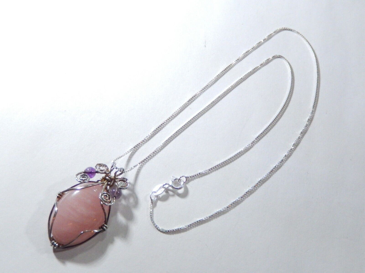 VINTAGE Pink Amethyst Stone Wrapped In Sterling Silver Wire  Necklace w/18"chain