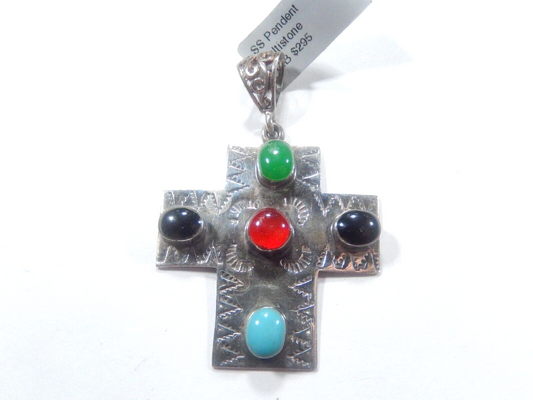 *VINTAGE*  LARGE Taxco Mexico Sterling Silver Multi Gem Cross Pendant Signed