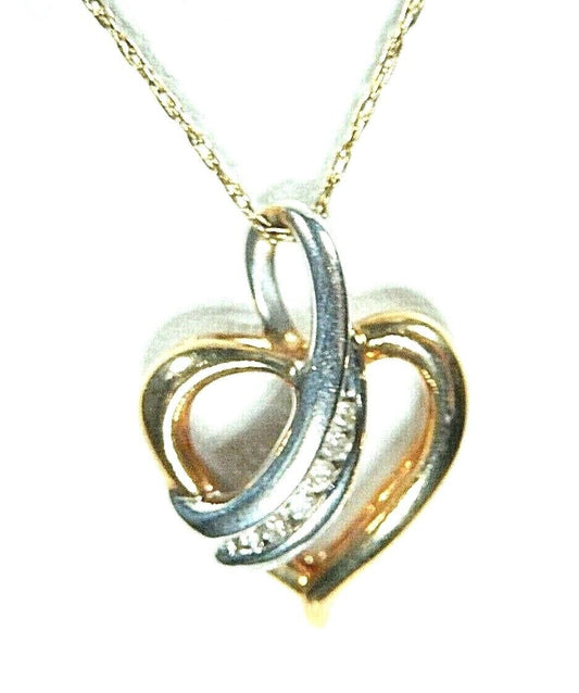*VINTAGE* 10K Two Tone Gold Round Natural Diamond Heart Pendants w/ 20" 14K Chn