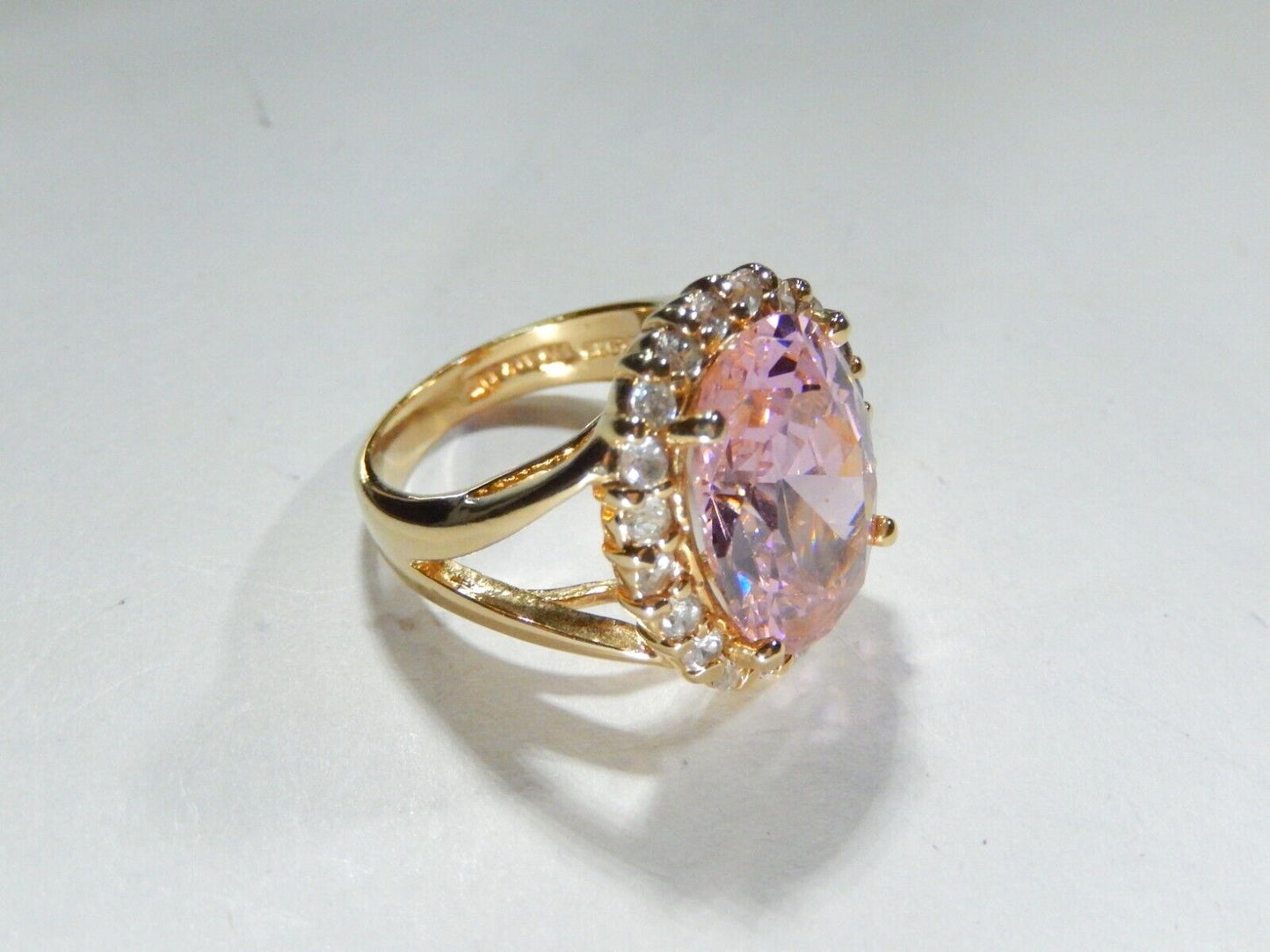 *VINTAGE* Sterling Gold Vermeil CZ Pink & White 13.0CT Oval Cocktail Ring Sz 6.5