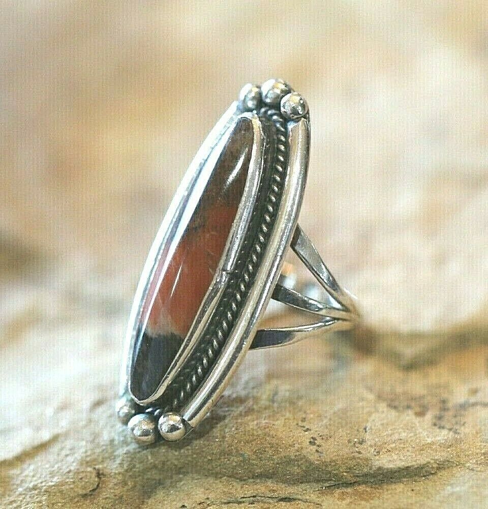 *VINTAGE*  Long Native American Sterling Silver Gemstone Ring  Size 7.25