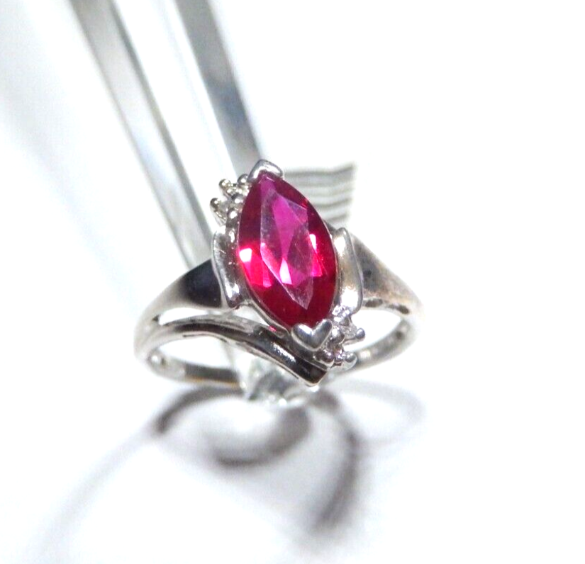 *NWT* 10k White Gold Lab Created Marquise Ruby And Diamond Ring Sz 6.5