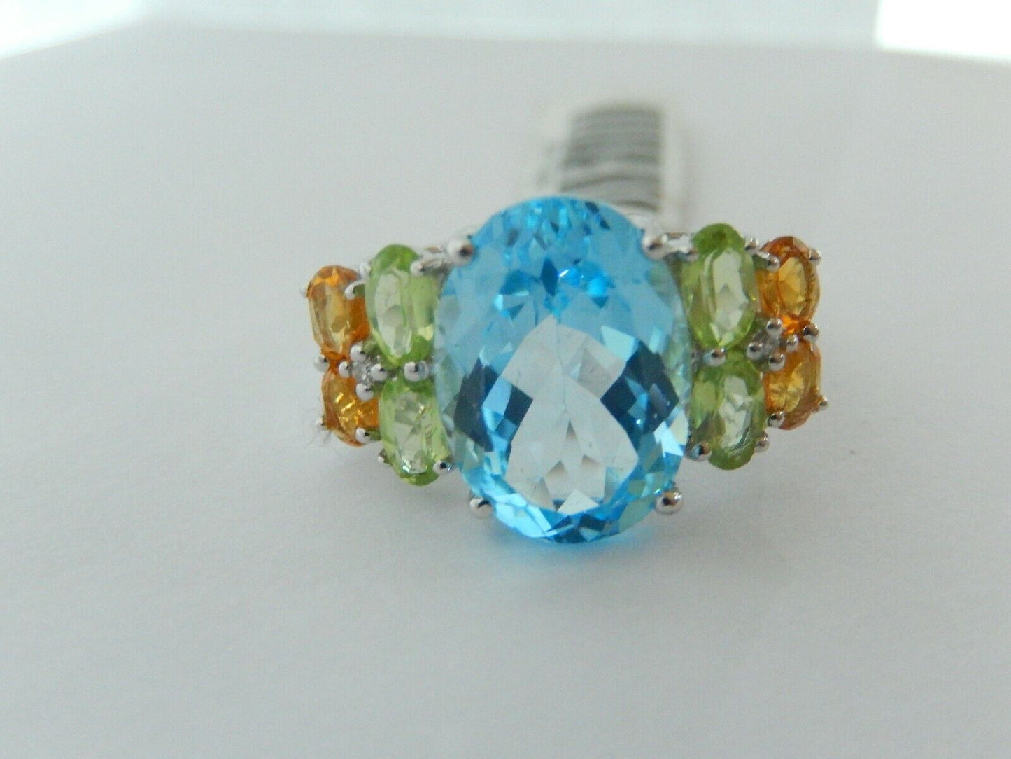 10K White Gold 8.5CT Multi Gemstones  Blue Topaz - Peridot -Citrine Ring Sz 9.25