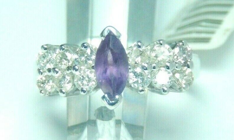*VINTAGE* 14k White Gold 1/3ct Natural Amethyst & 1/2ct Natural VS Diamonds Sz 6