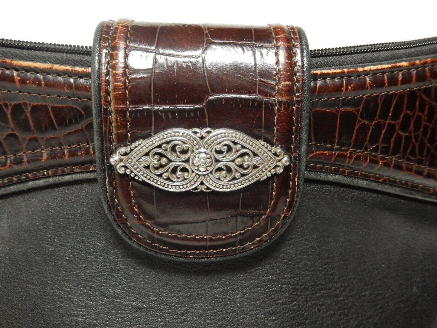 Vintage Brighton Purse HandBag Silver Hardware, Leather Croc, Long Strap