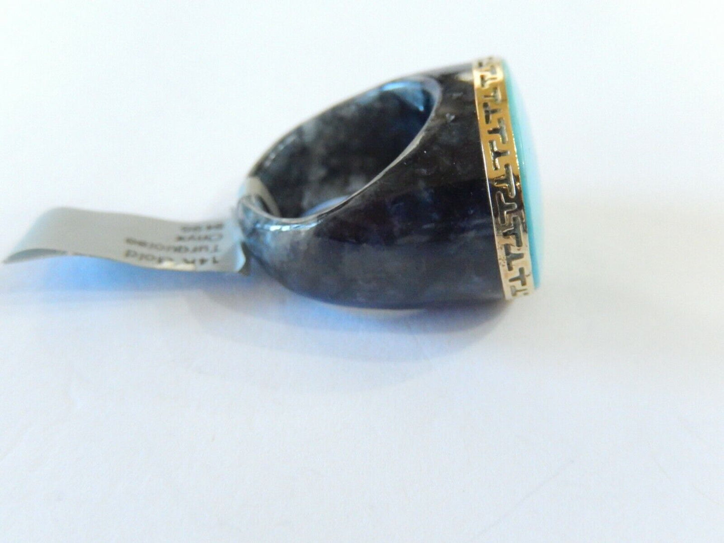 *VINTAGE*  LARGE - Signed "GSJ" - 14K Yellow Gold Black Onyx & Turquoise Ring