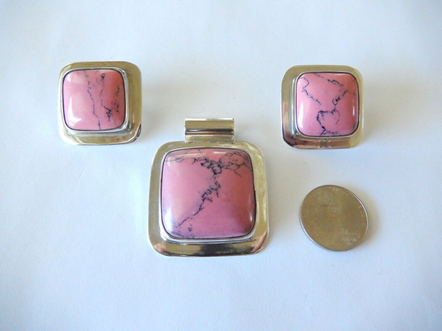 *VINTAGE* Sterling Silver Mexico Pink & Black Rhodolite Pendant & Earring Set