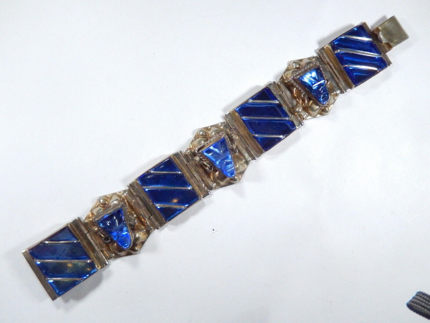 VINTAGE  Taxco Sterling Silver Blue Glass 1" Wide 7" Bracelet Weighs 68.8 gms