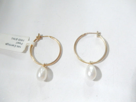 14k Yellow Gold  Freshwater Cultured Pearl Dangle 20mm Hoop Earrings