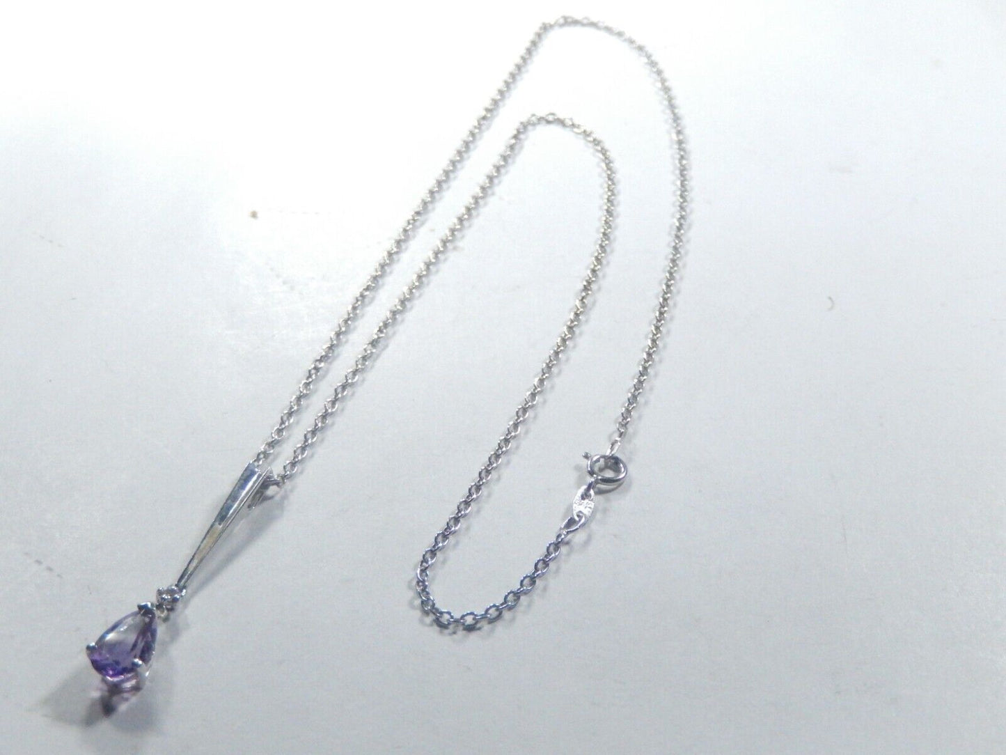 *VINTAGE*  10k White Gold 1.00CT Pear Amethyst & Diamond Pendant with 18" Chain