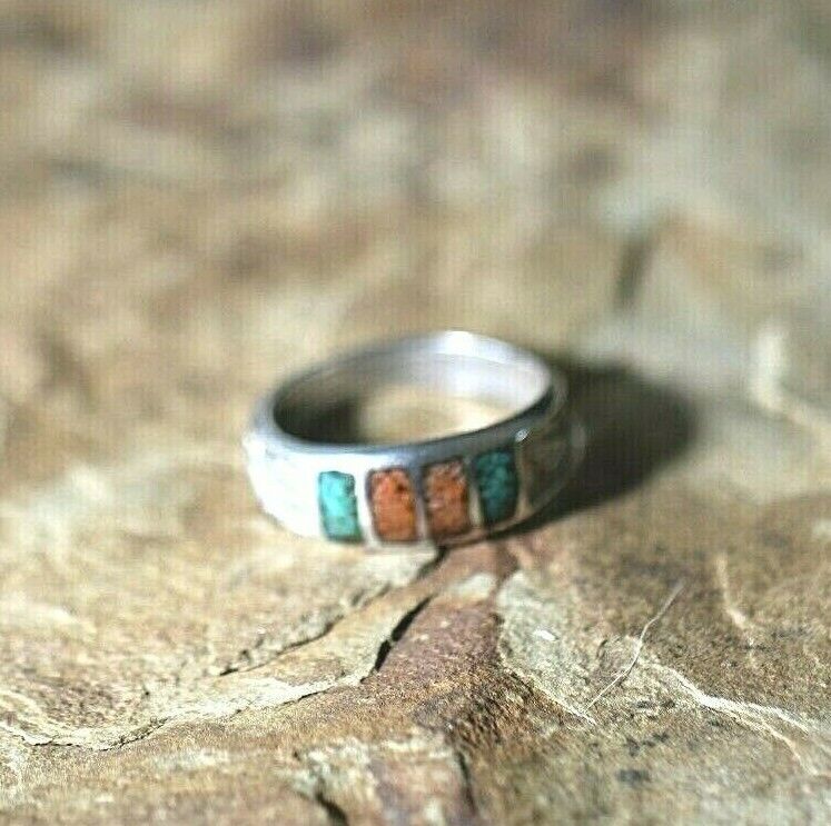 *VINTAGE*  Native American Sterling Silver Coral & Turquoise Ring Size 7.25