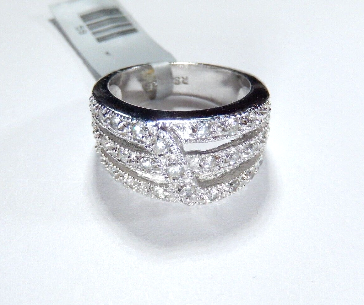 *VINTAGE*  Sterling Silver .50 CT Pave CZ Cluster 11 mm Wide Band Ring Sz 5.75