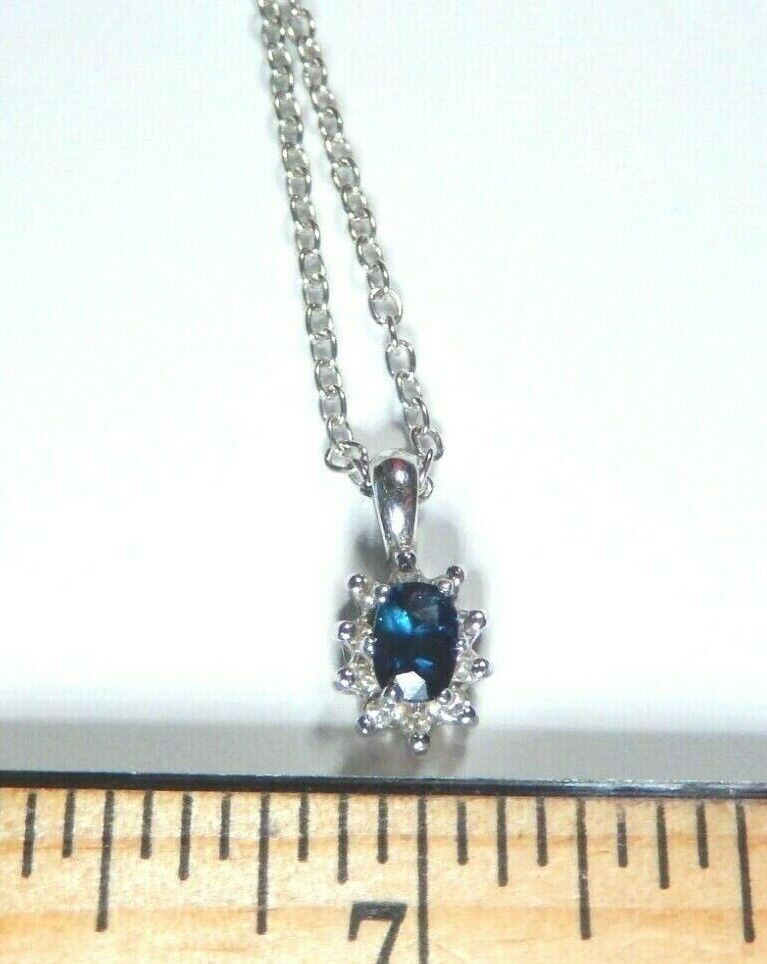 *NWT* 14k White Gold Oval Sapphire And Diamond Pendant with 18" Chain