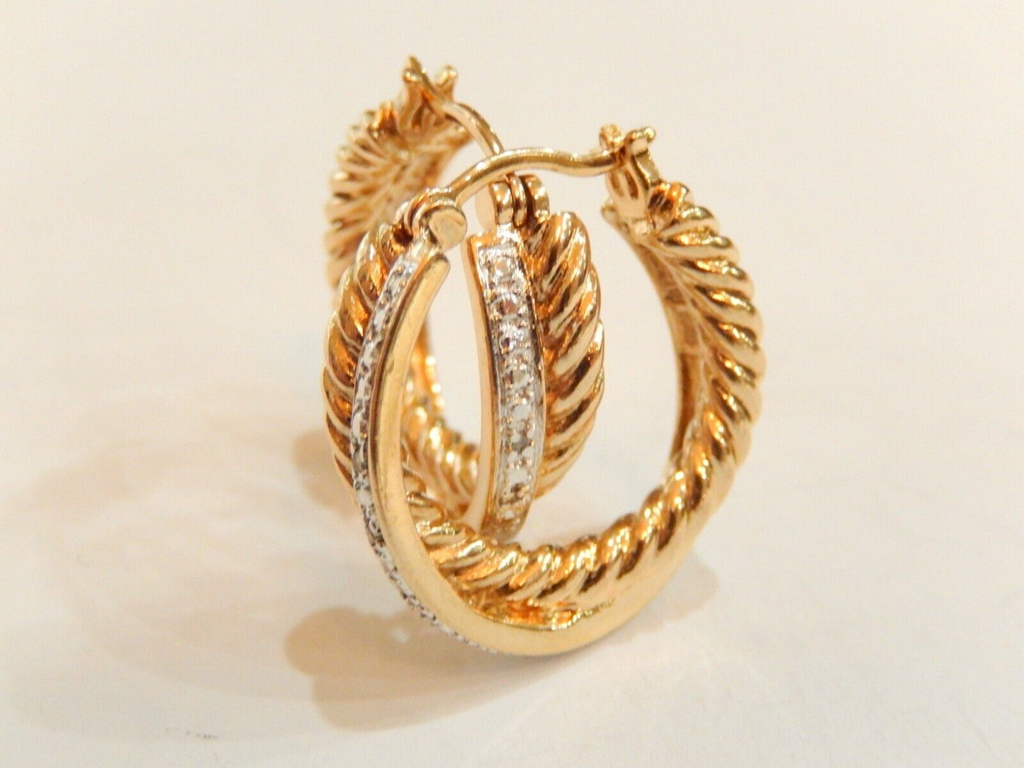14K Yellow Gold Vermeil .925 SS Real Diamond  Hoop Earrings 13.7gms