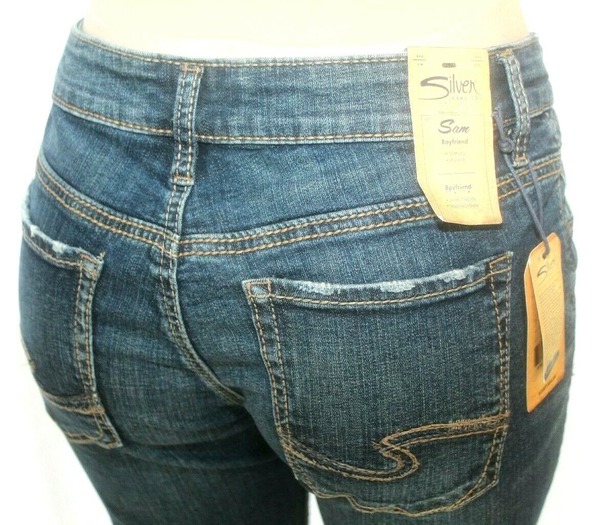 *NWT* Silver Jeans Sam Boyfriend Jeans Slim Leg Mid Rise Indigo Distressed 27x27