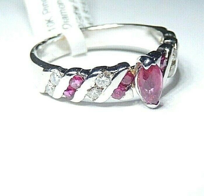 *NWT*  10K White Gold Marquise Red Ruby & Diamond Channel Set Ring  Size 6.5
