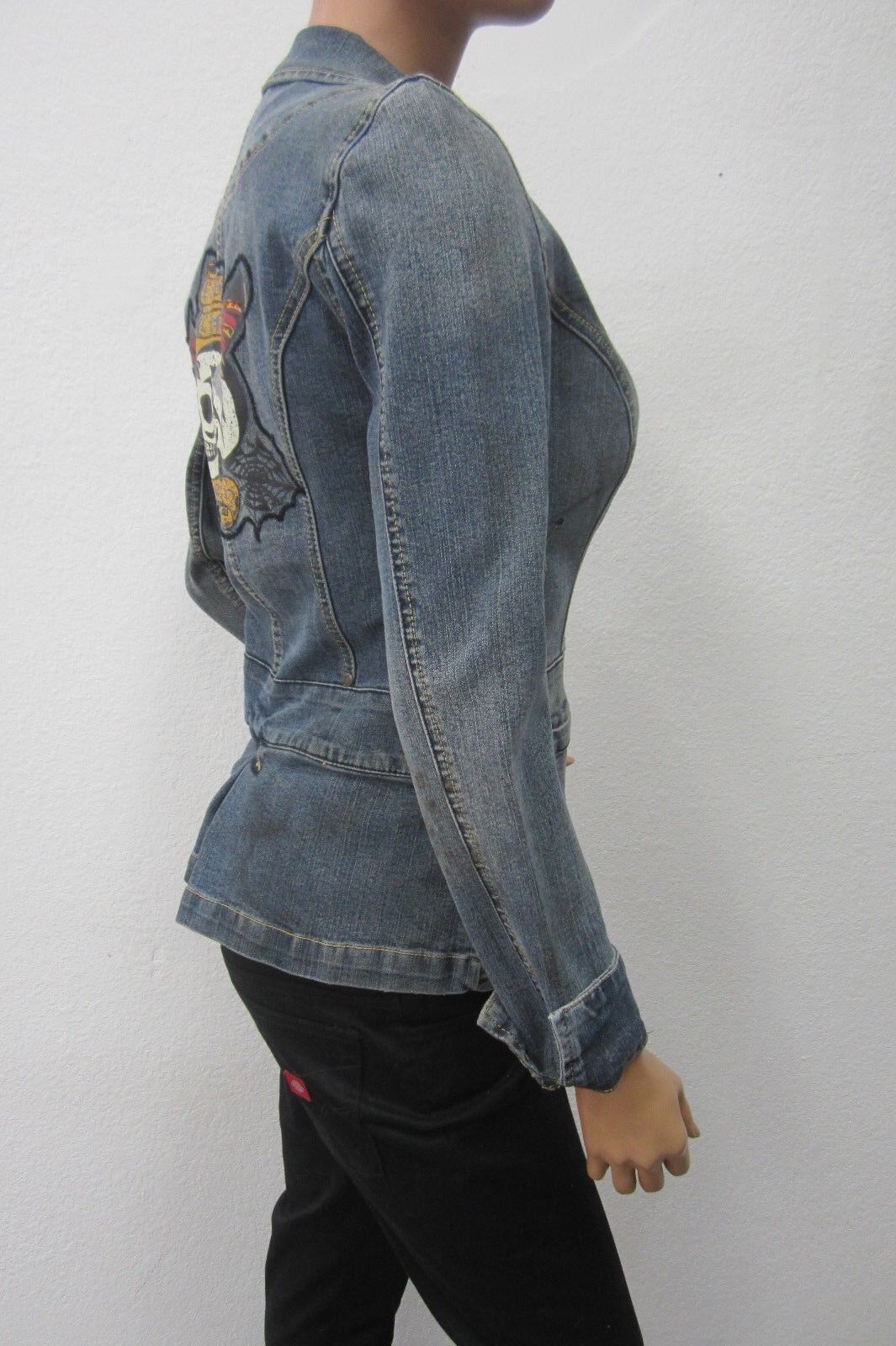 *RARE* FUBU  Collection Denim Jean Jacket Embroidered Rose & Skull Patch Size S