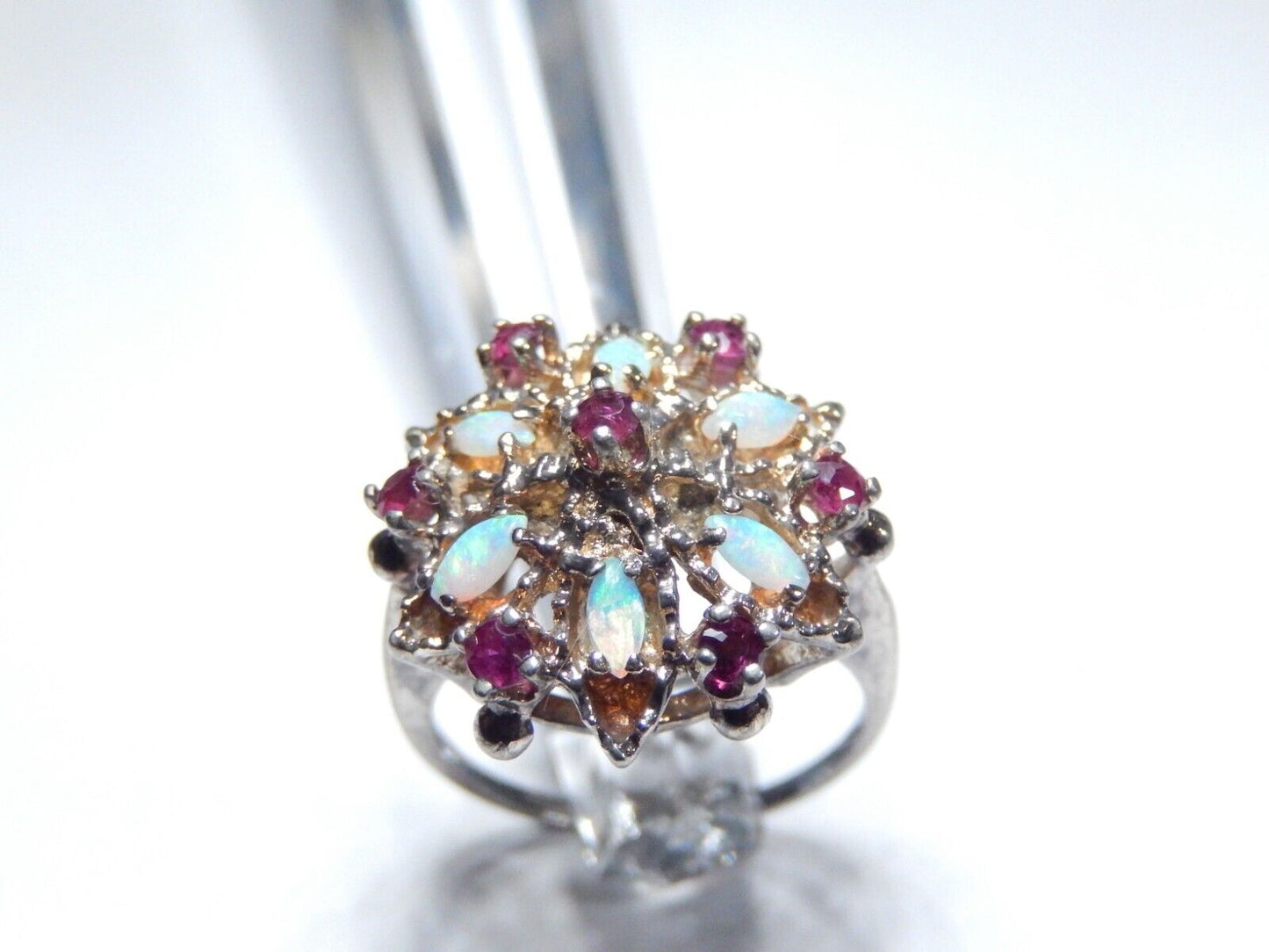 *VINTAGE*  Sterling Silver 925 RUBIES & OPALS Ladies Cocktail RING Size 5.5