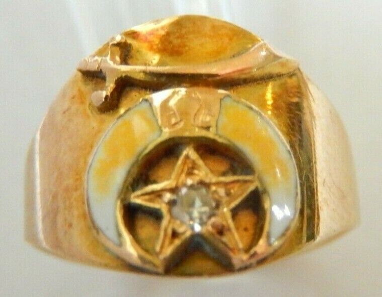 *VINTAGE* 14k Yellow Gold & Enamel Diamond Masonic Ring Size 6