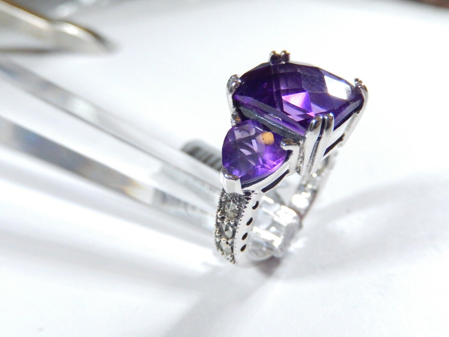 *VINTAGE*  Sterling Silver 8.00 CT Checkerboard Amethyst Three Stone Ring Size 7