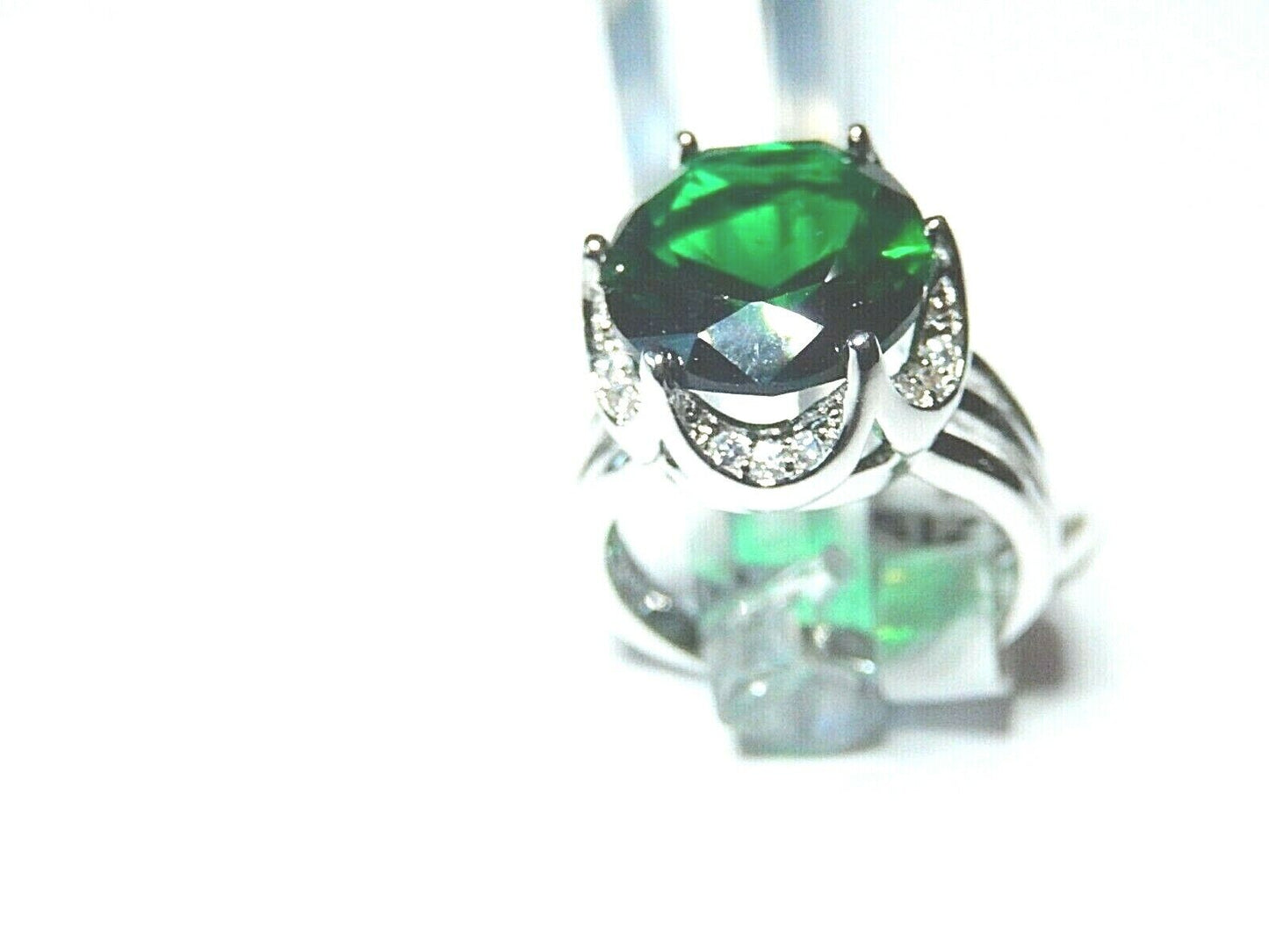 *NWT* 925 STERLING SILVER LADIES RING W/ 8 CT LAB CREATED EMERALD & DIAMOND SZ 7