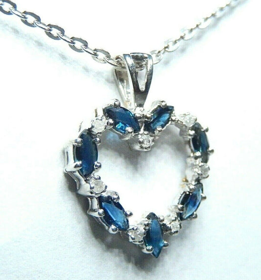 *NWT*  14K White Gold Marquise Sapphire & Round Diamond Heart Pendant w/18"Chain