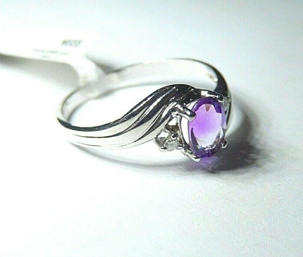 *NWT* 10k White Gold Oval Amethyst And Diamond Ring Size 6.5