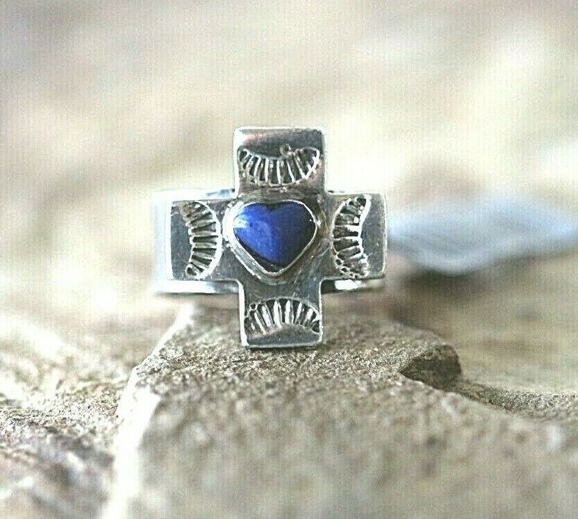 *VINTAGE* SIGNED STERLING SILVER MEXICO LAPIS LAZULI CROSS RING SIZE 6.5