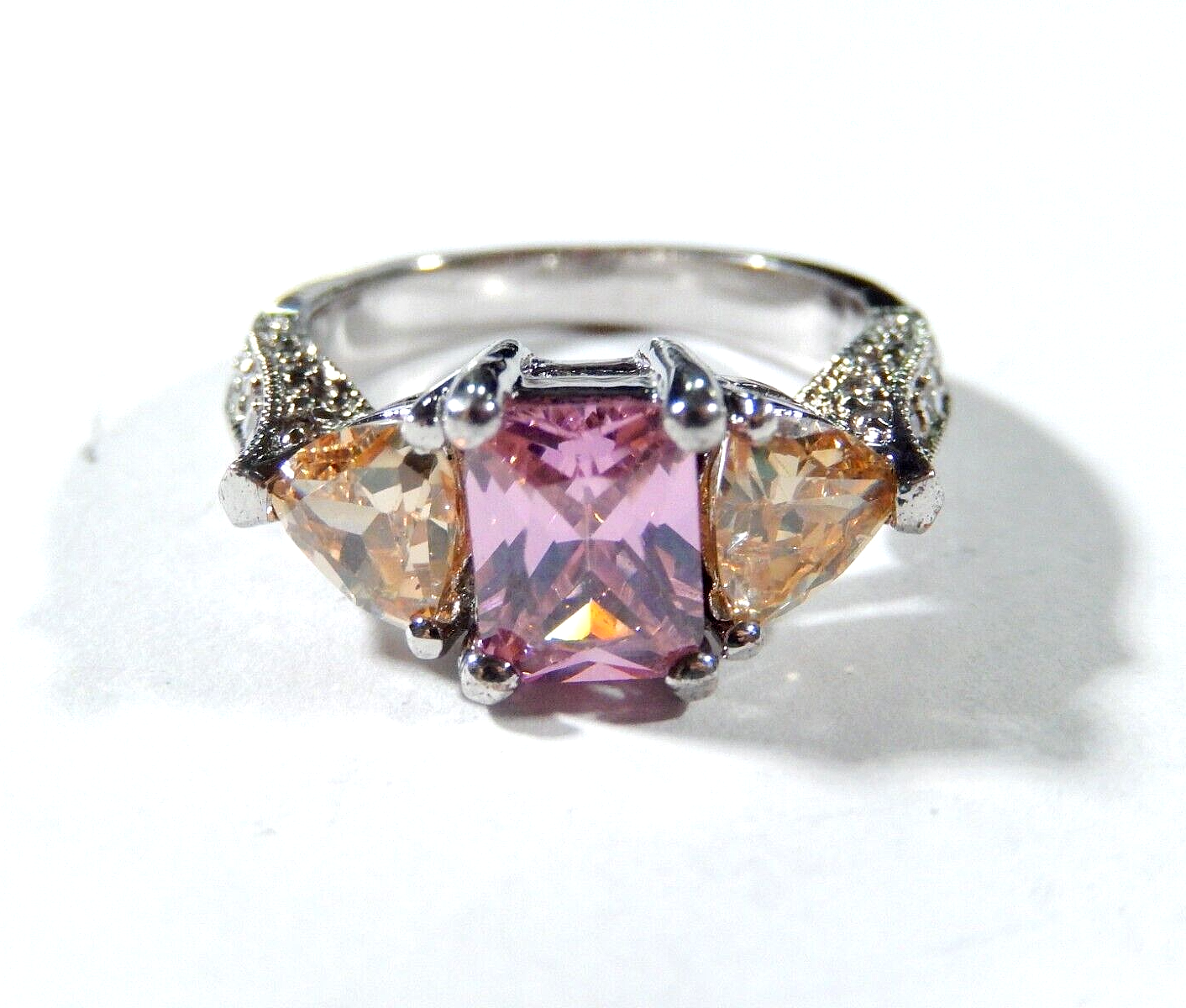 Radiant & Triangle Cut Pink Cubic Zirconia Engagement Ring  Sterling Silver Sz 7
