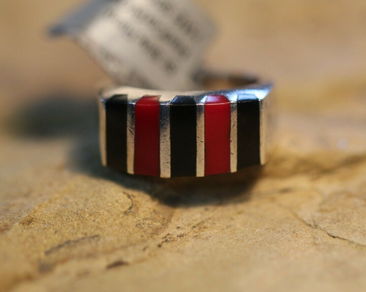 *VINTAGE*  TAXCO Sterling Silver Black Onyx & Coral Ring Signed TC-315 Sz. 6.5