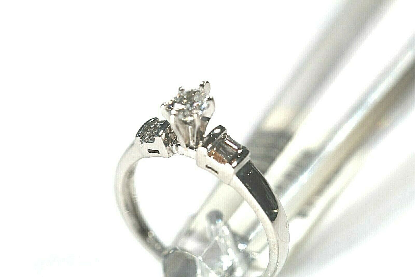 *NWT*  14K White Gold 1.00CT Pear & Baguette Natural Diamond Wedding Ring Sz 7.5