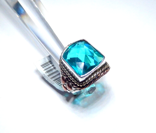 *VINTAGE Handmade Sterling Silver 13.0 CT Blue Topaz Bead & Rope Design Ring Sz7