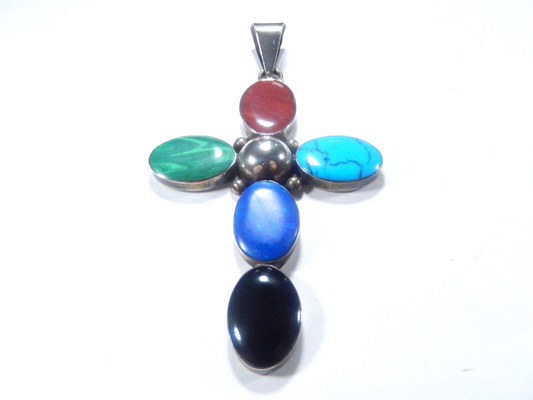 *VINBTAGE*  Large Sterling Taxco Mexico Multi Gemstone Cross Pendant 4" Tall