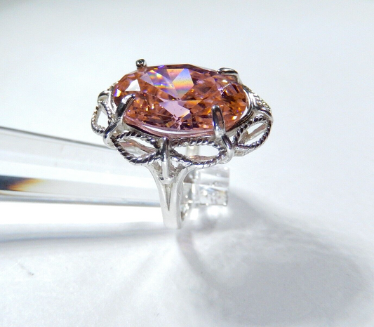 *HUGE-  .925 Sterling Silver 20.0 CT Statement Ring Pink CZ Cocktail Ring sz6