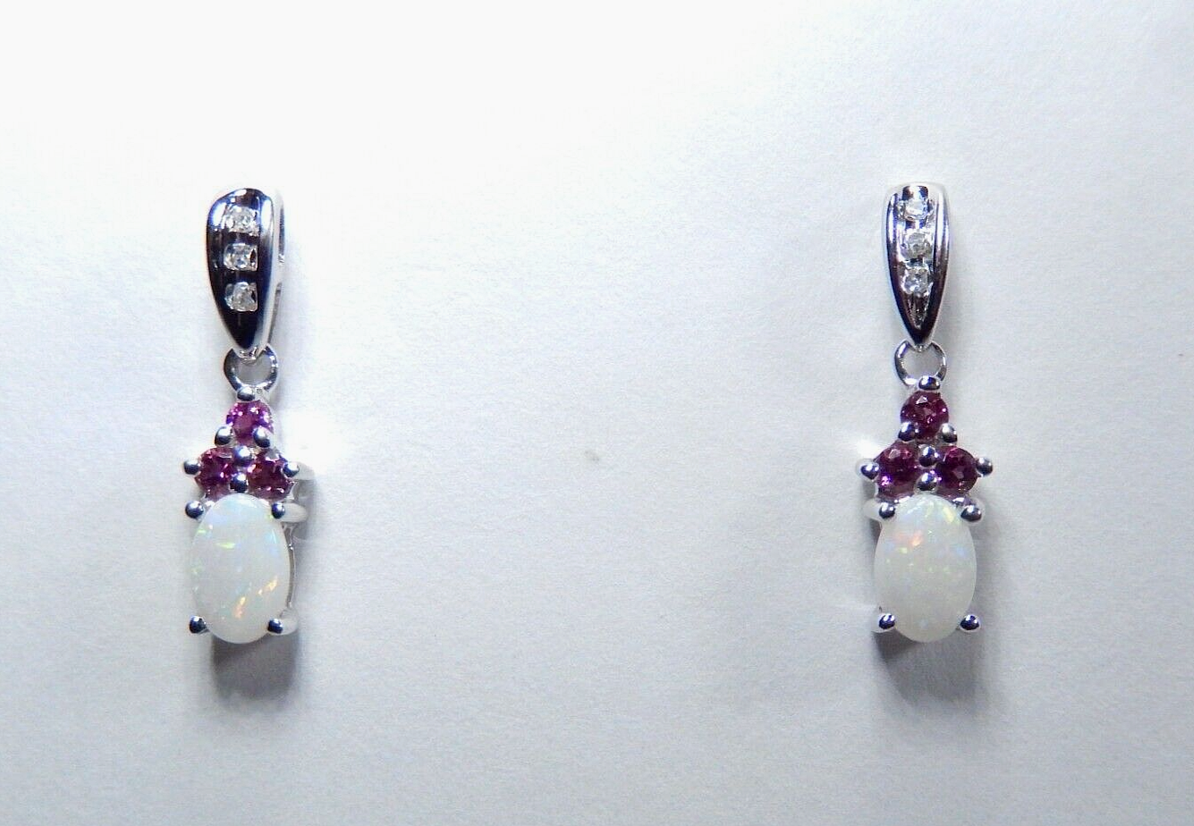 10K White Gold Ruby & Diamond & Opal Drop Dangle Earrings 19mm x 5.5mm