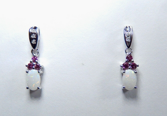 10K White Gold Ruby & Diamond & Opal Drop Dangle Earrings 19mm x 5.5mm