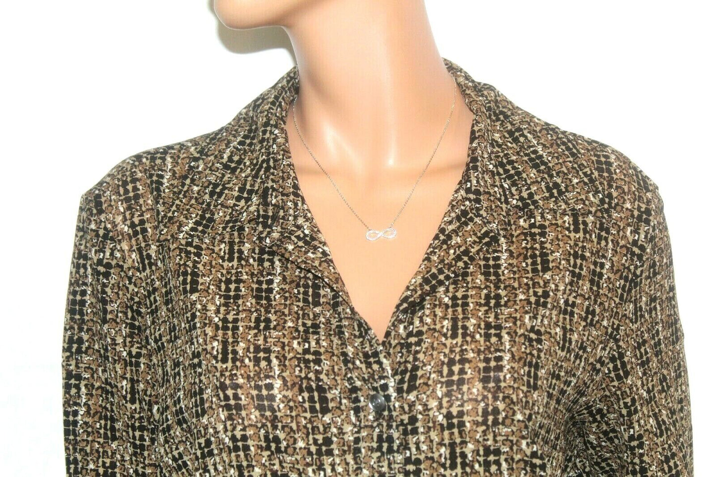 New York & Company Brown/White Button Down Collared Long Sleeve Sheer Top Sz XL