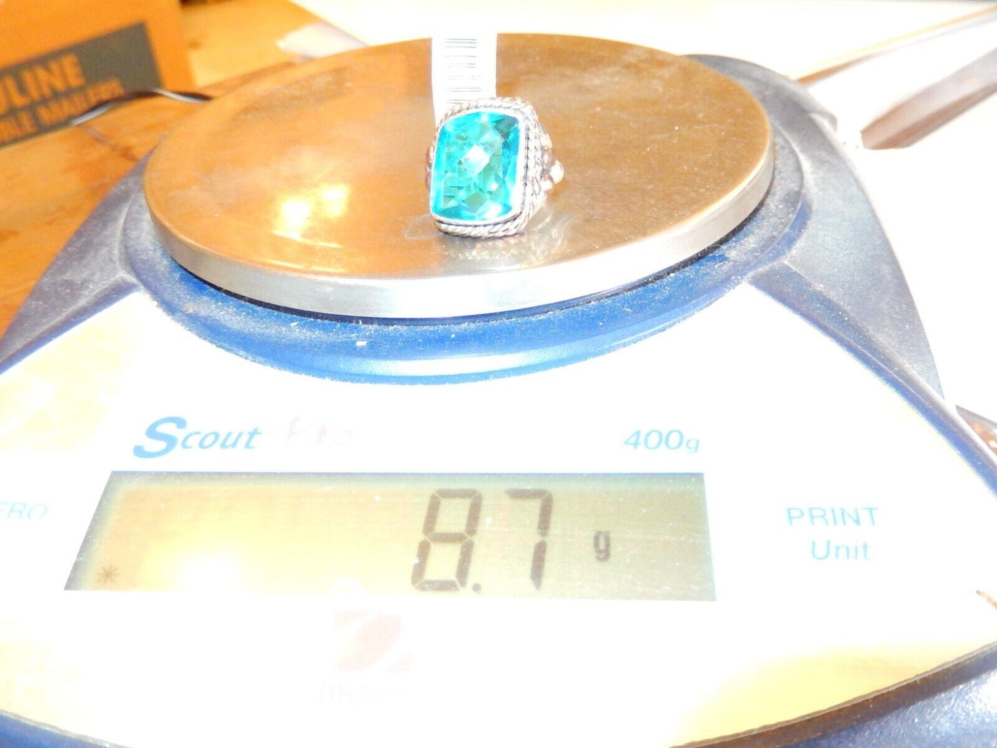 *VINTAGE Handmade Sterling Silver 13.0 CT Blue Topaz Bead & Rope Design Ring Sz7