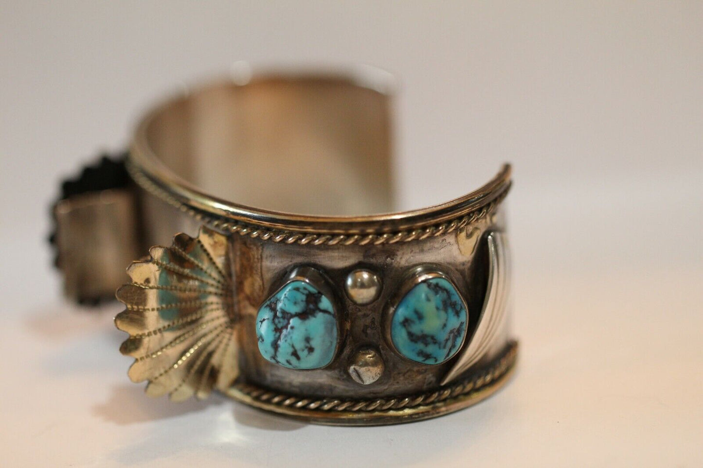 Native American Indian Turquoise Nuggets Sterling Silver Stamped Watch Bracelet