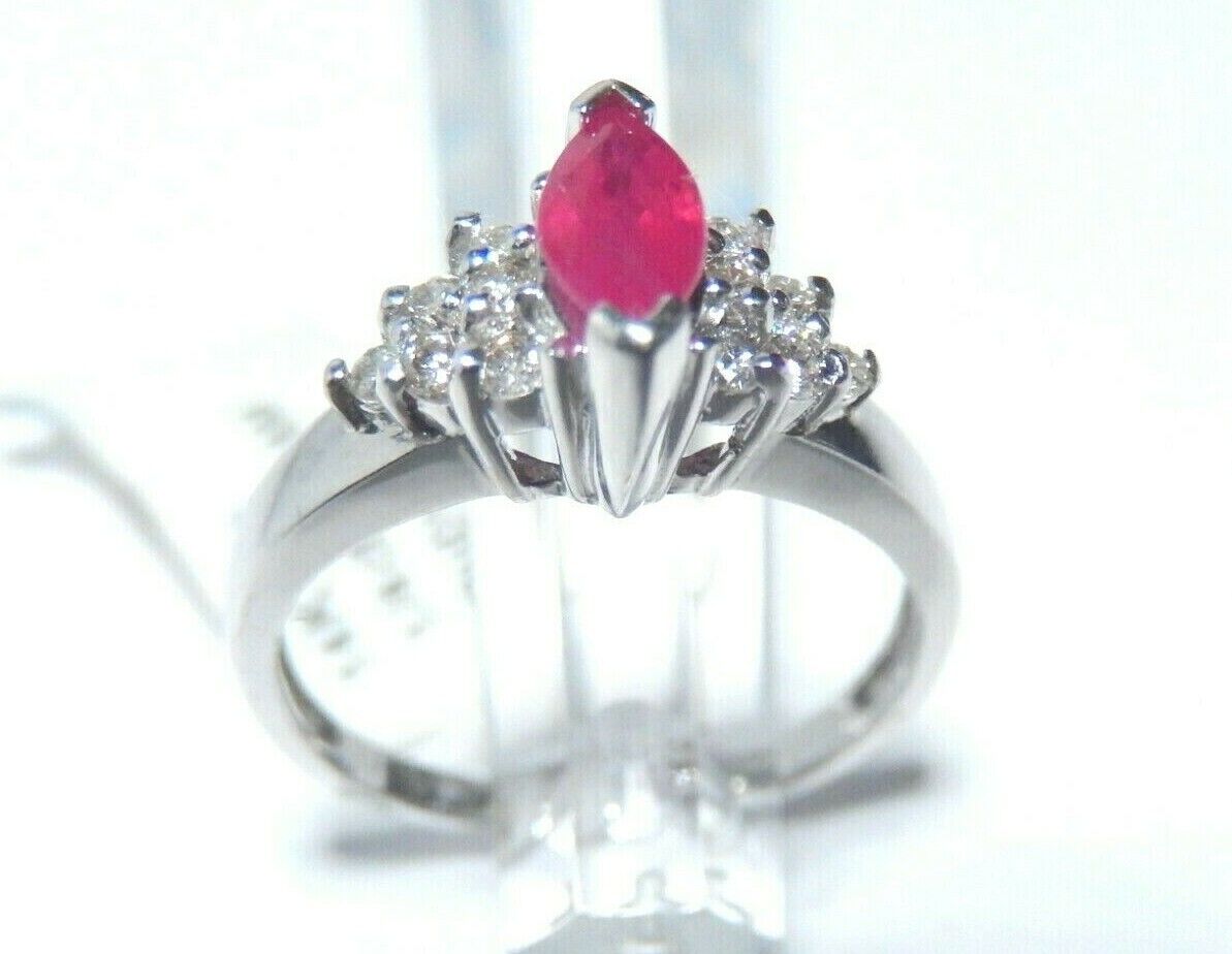 *NWT* 14k White Gold Ring .50CT Natural Marquise Cut Ruby & .25CT Diamonds Sz6.5