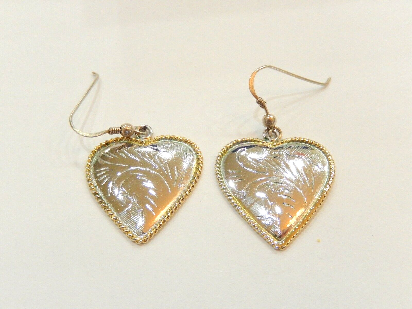~Heart Earrings~ Sterling Silver Western Style 2 Toned Etched Rope Edging Dangle
