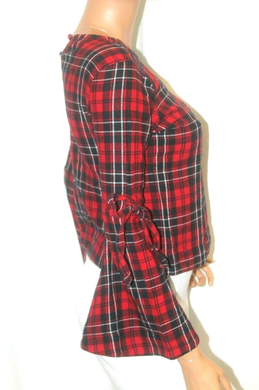 Love Notes Plaid Flannel Cotton Bell Sleeve Embroidered Floral Shirt Size Small