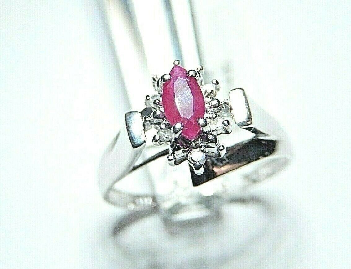 *NWT* 14K WHITE GOLD  NATURAL MARQUISE RUBY AND DIAMOND HALO RING SIZE-7.5