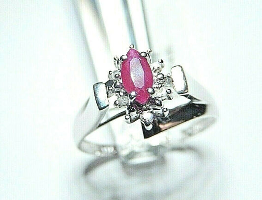 *NWT* 14K WHITE GOLD  NATURAL MARQUISE RUBY AND DIAMOND HALO RING SIZE-7.5